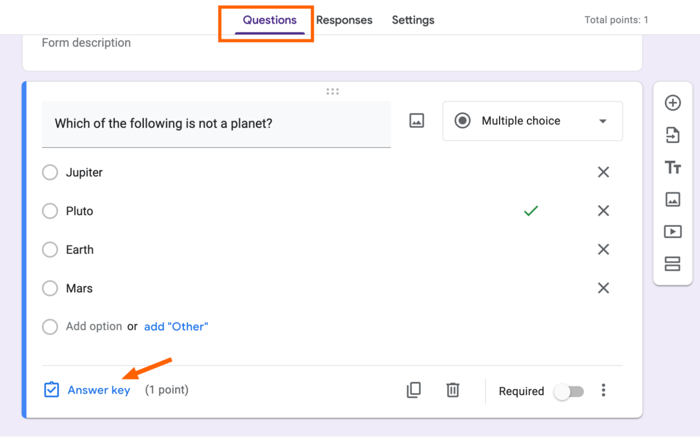 How to add an answer key to a Google Forms quiz.