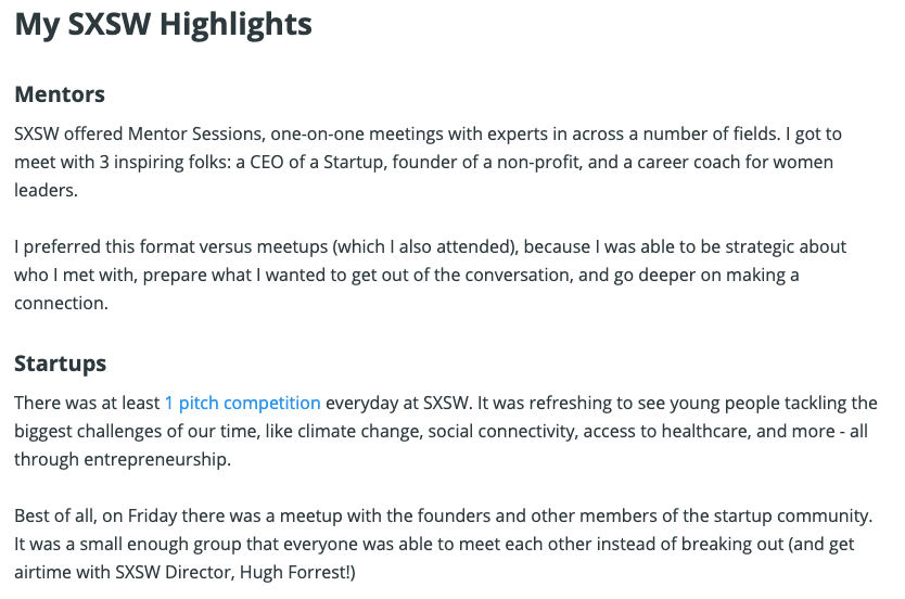 An internal blog post from Dannielle talking about SXSW