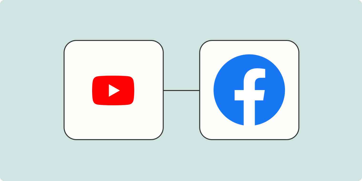 A hero image of the YouTube app logo connected to the Facebook Pages app logo on a light blue background.
