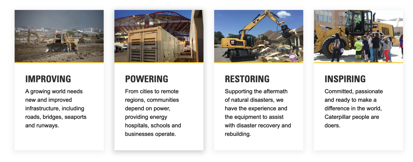 Four rectangles that describe Caterpillar's mission with photos for each: improving, powering, restoring, and inspiring