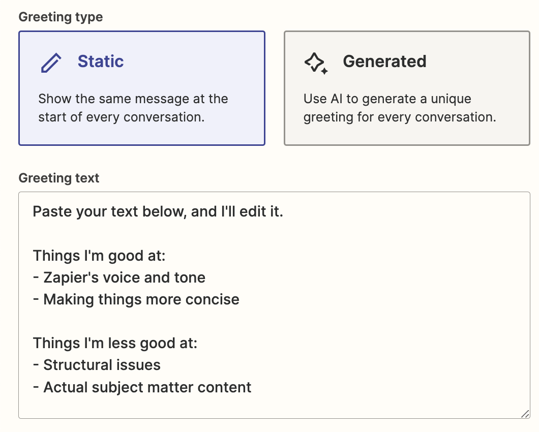 Options for a greeting type with "Static" selected.