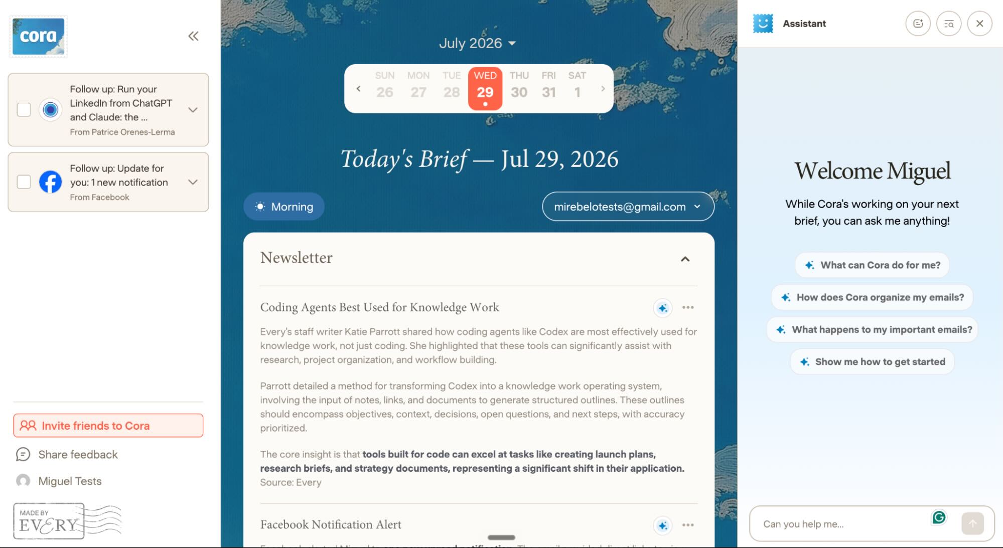 Cora, our pick for the best AI email assistant for inbox summarization
