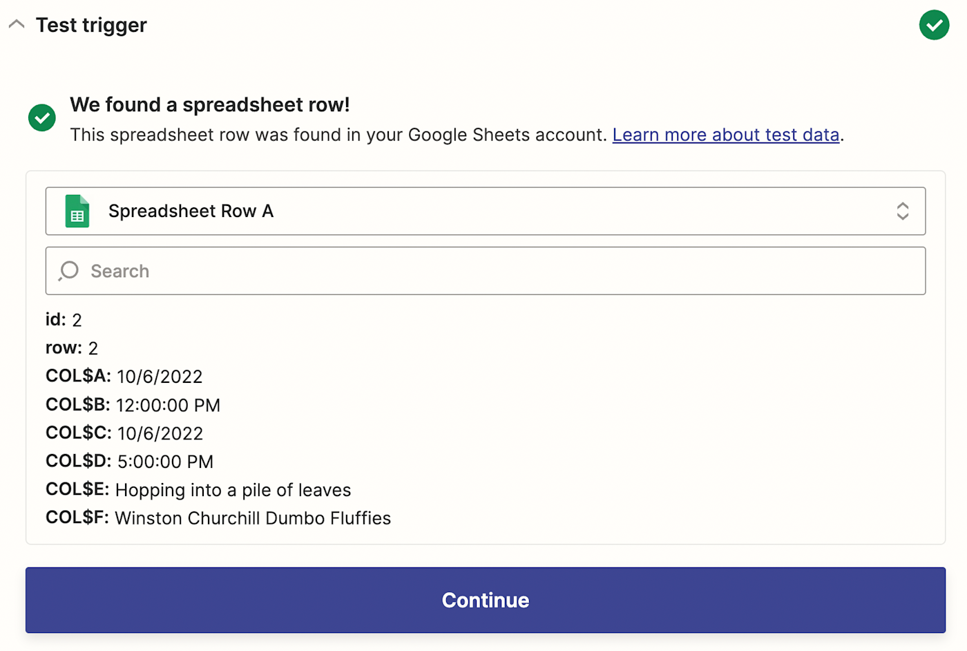 A screenshot of sample Google sheet information in the Zap editor. Information matching the row from our spreadsheet is shown..