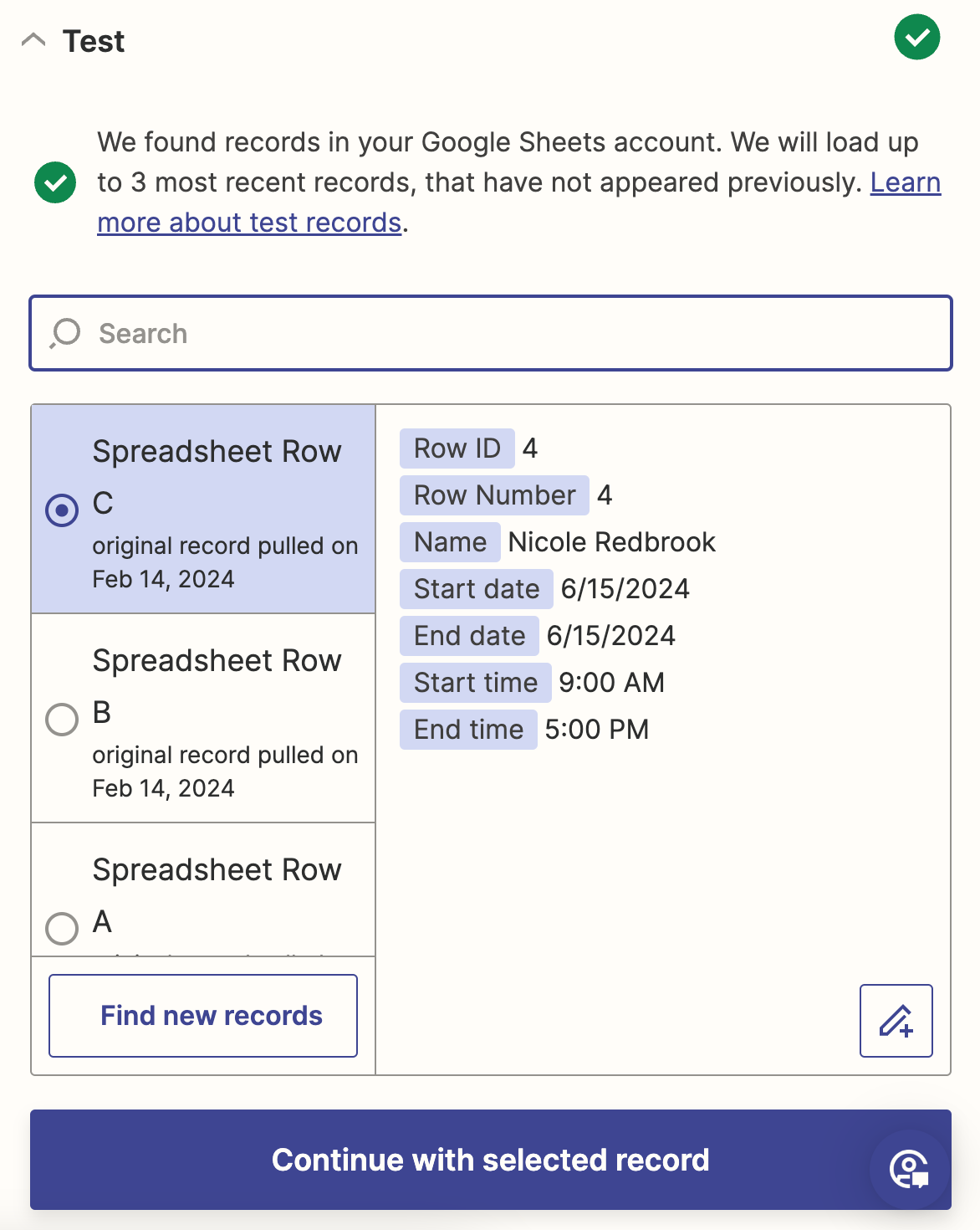 A screenshot of sample Google sheet information in the Zap editor. Information matching the row from our spreadsheet is shown..