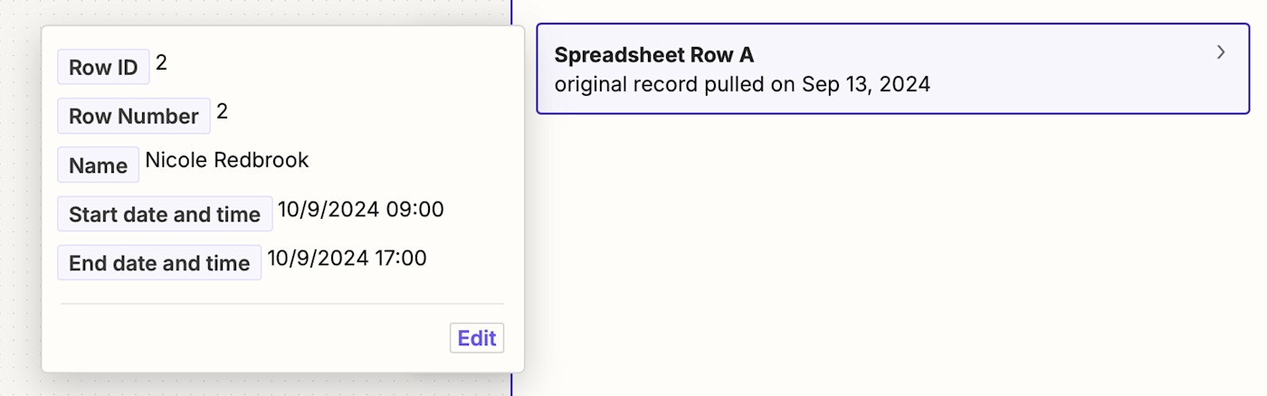 A screenshot of sample Google sheet information in the Zap editor. Information matching the row from our spreadsheet is shown..