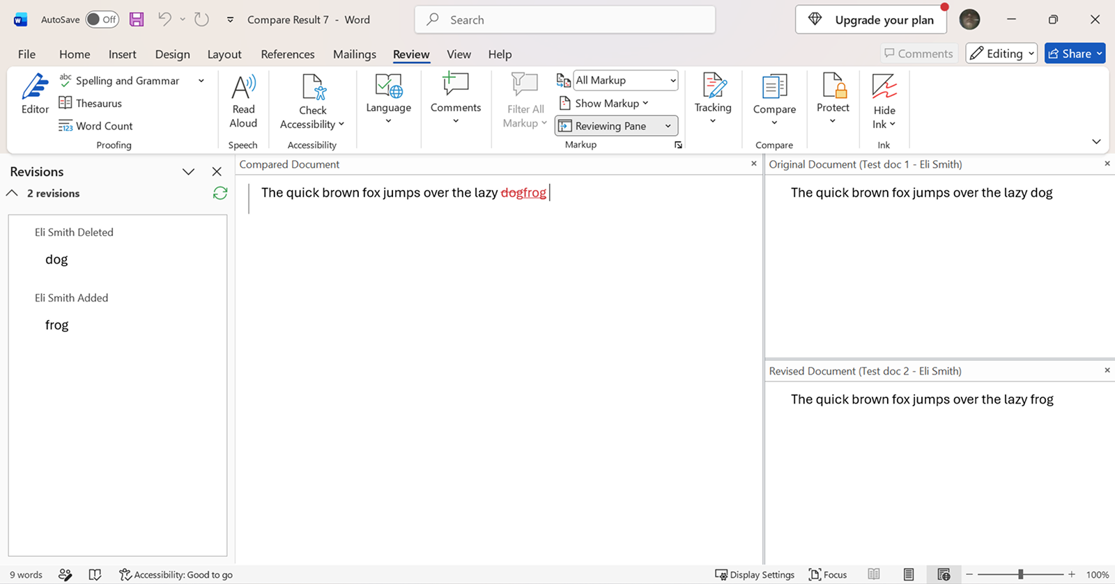Two Word documents compared in a new document. Changes from the revised document are incorporated into the content of the original document with revisions labeled in the markup area.