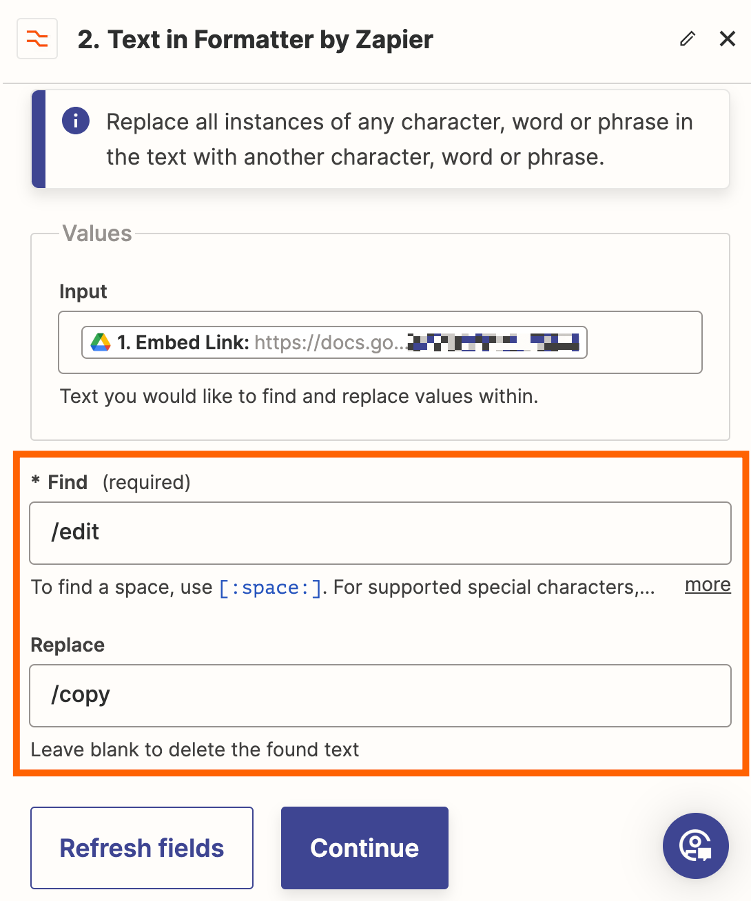 The Zap editor, showing how to use the Replace function