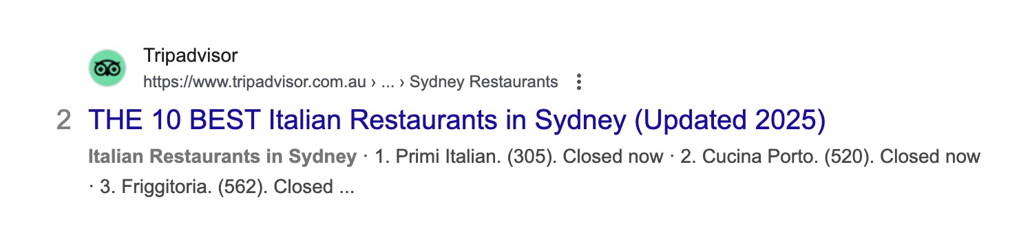 The Tripadvisor Google result for The best Italian restaurants in Sydney