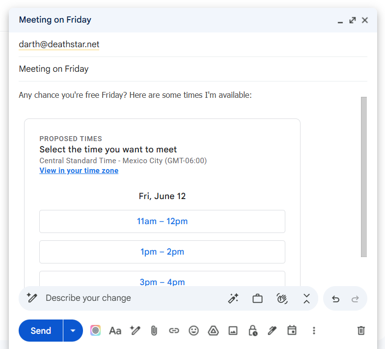 Gmail email with an embedded list of proposed meeting times. 