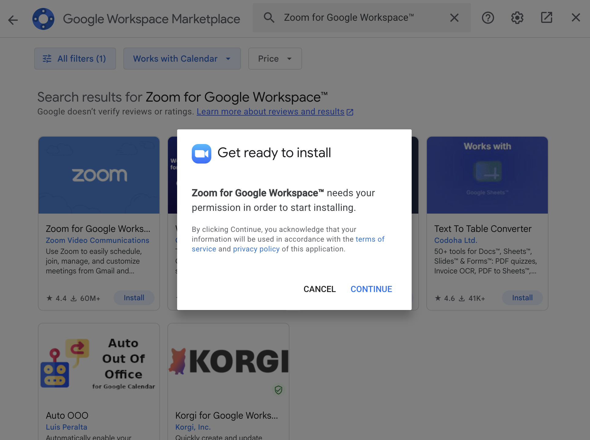 Zoom for Google Workspace installation popup.