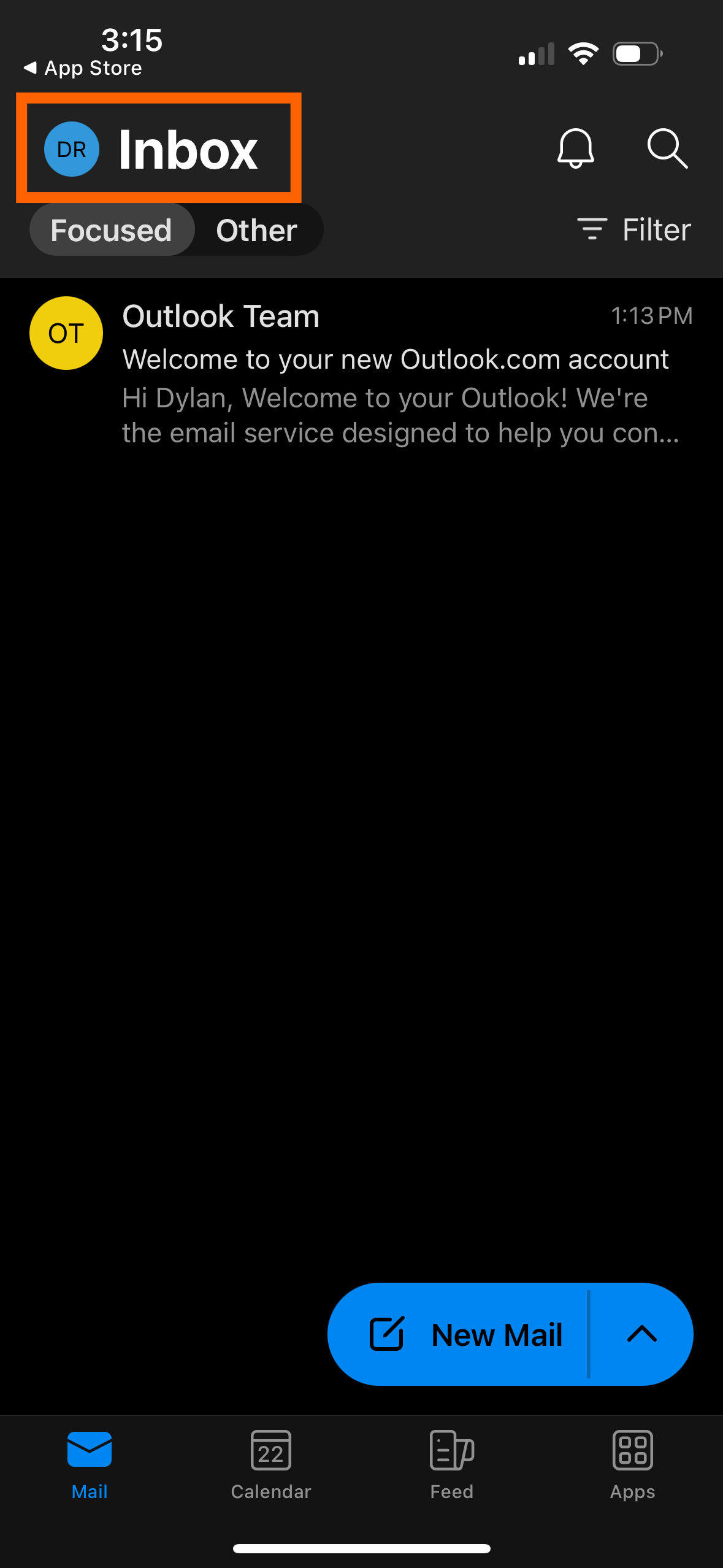 Screenshot of the email inbox in the Outlook app
