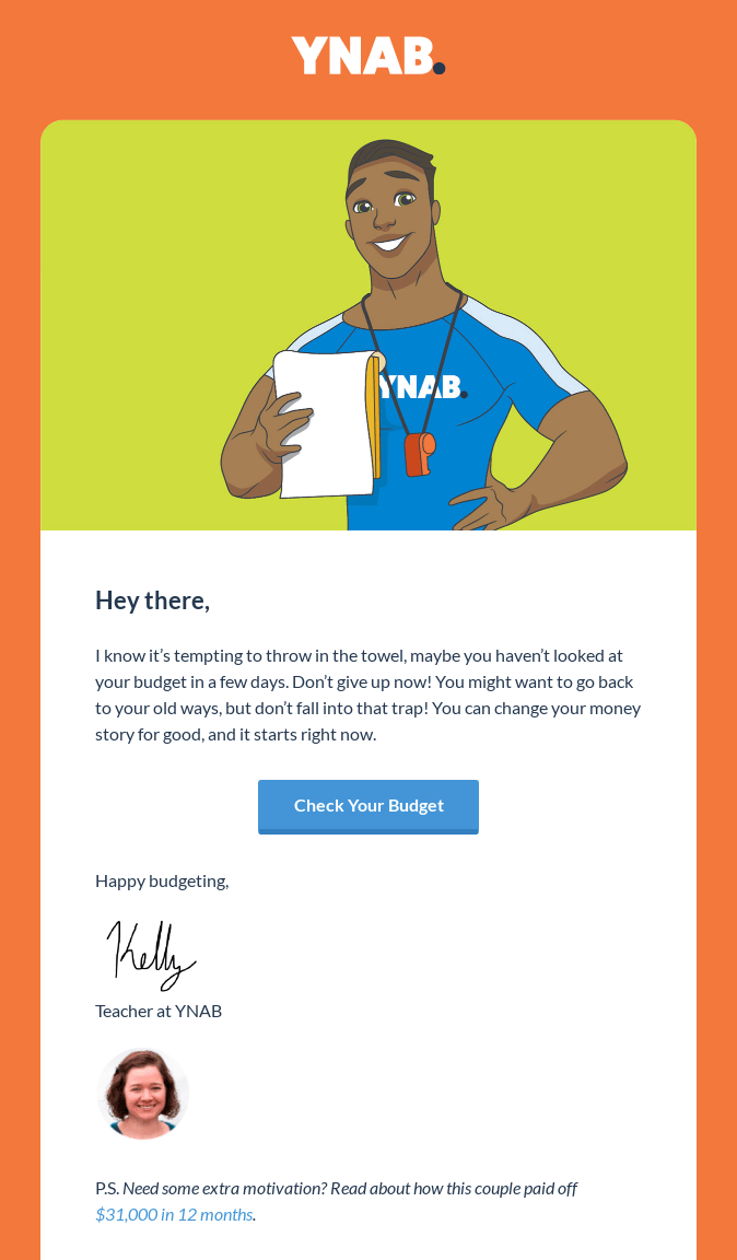 Win back email from YNAB showing an illustration of a man holding a clipboard and a button to check your budget.