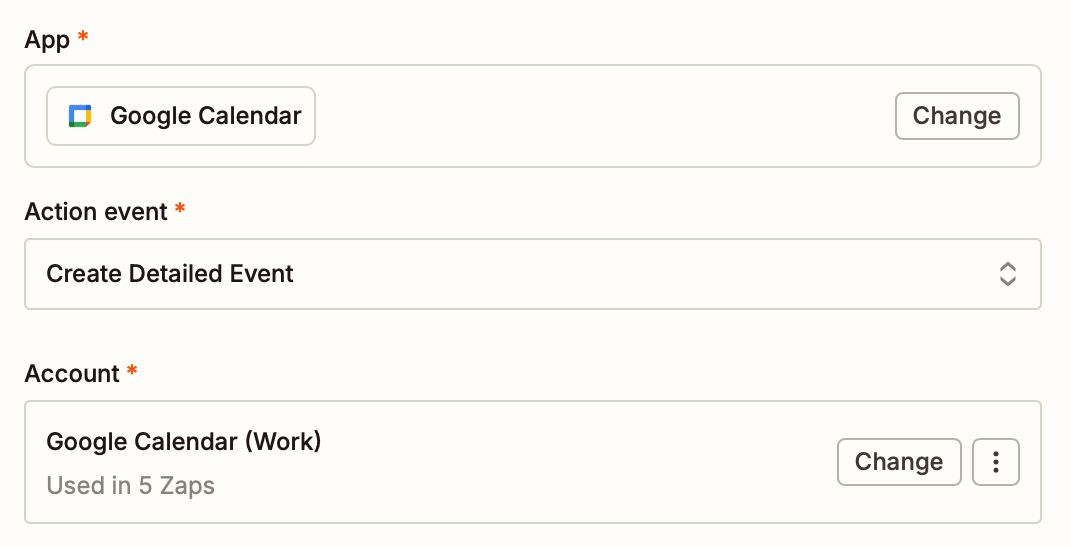 An action step in the Zap editor with Google Calendar selected for the action app and Create Detailed Event selected for the action event.