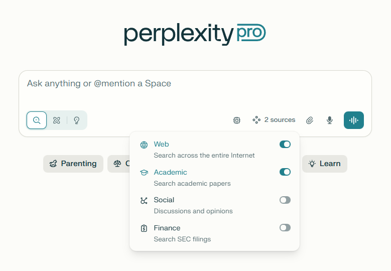 The option to select where you search in Perplexity