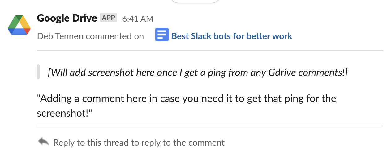The Google Drive app in Slack showing a Google Docs comment notification
