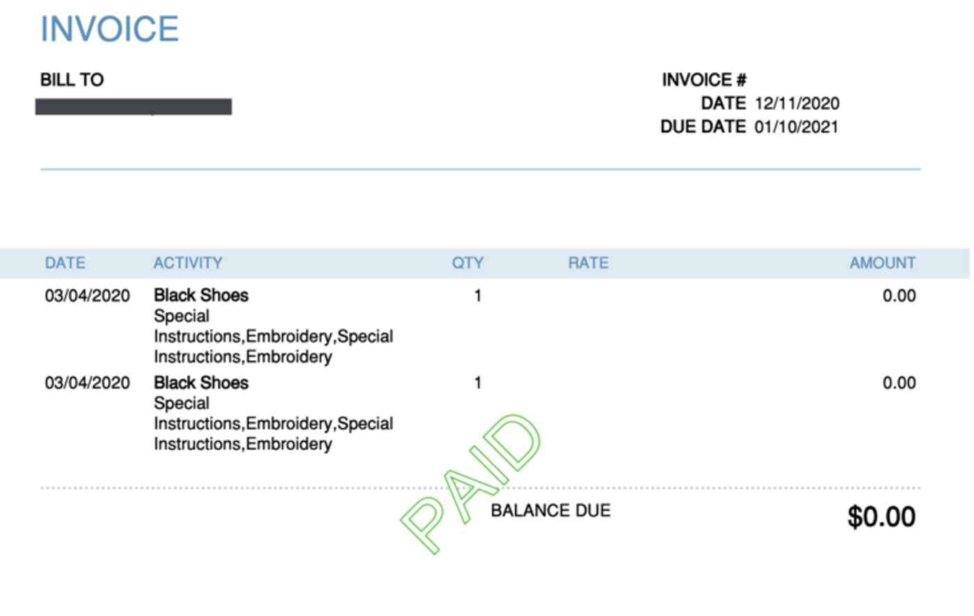 Invoice output with two items for black shoes. $0.00 balance due. "PAID" stamp. 
