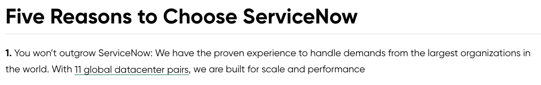 Screenshot showing one reason to choose ServiceNow is that you won't outgrow it.