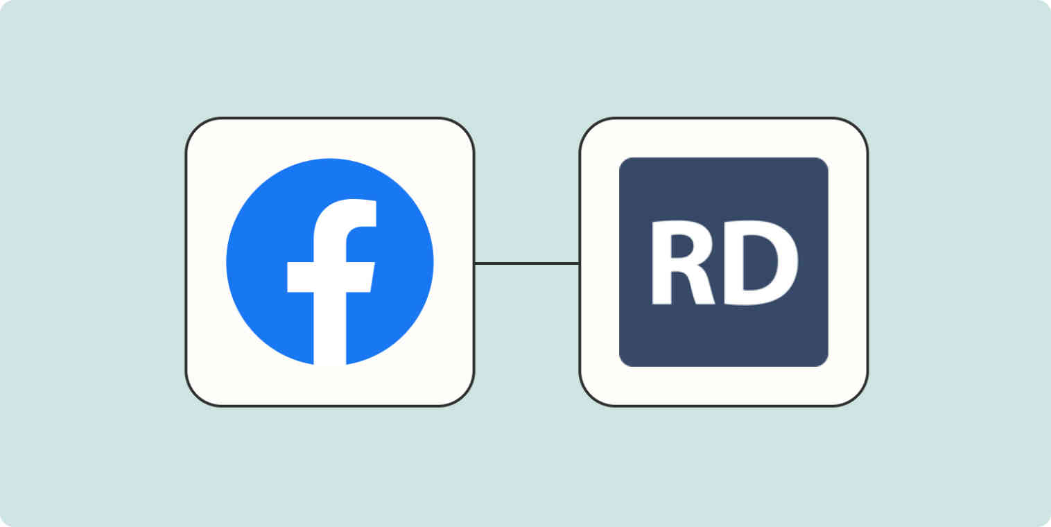 A hero image of the Facebook Lead Ads app logo connected to the RD Station app logo on a light blue background.
