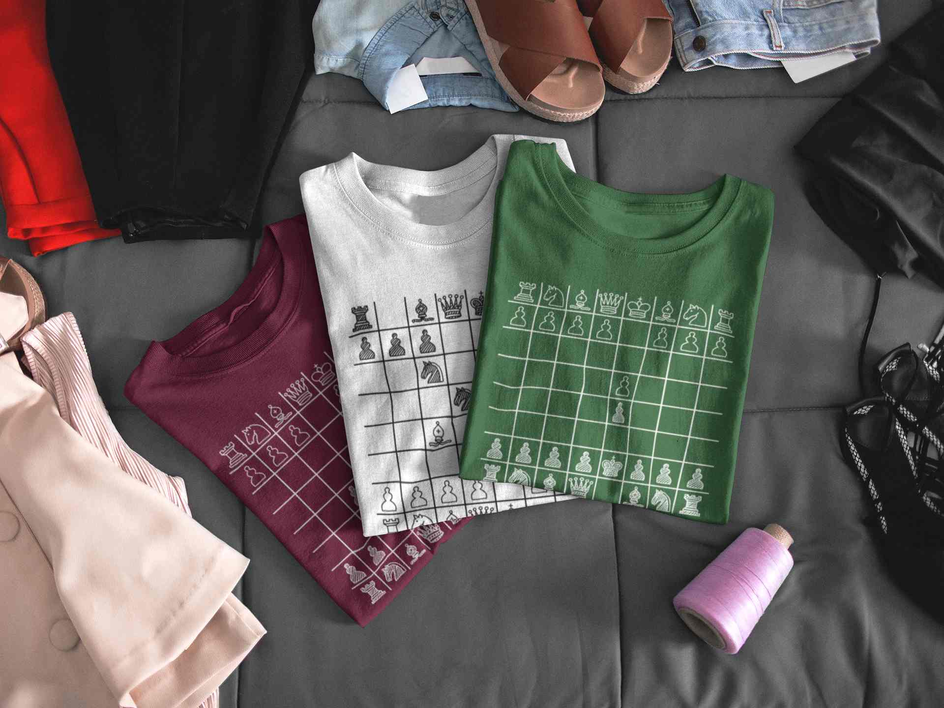 Three folded T-shirts with chess boards printed on the front. 