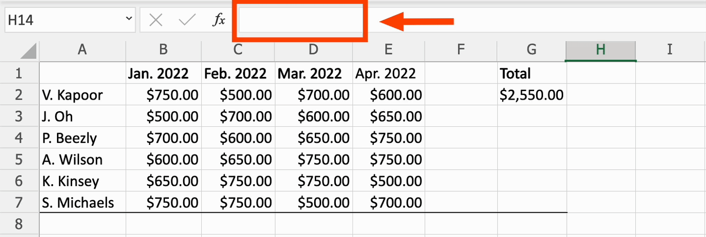 A screen recording of an Excel worksheet with dollar values ranging from cells B2 to E7. The mouse clicks on cell G2 and its formula =SUM(B2:E2) appears in the formula bar. The formula is copied one at a time down column G. The formula dynamically updates using relative cell reference.