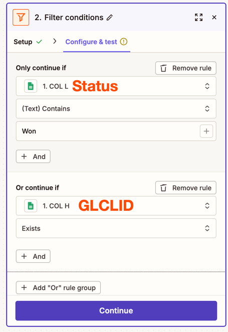 A filter step in the Zap editor with Status and GCLID marked in their respective fields.