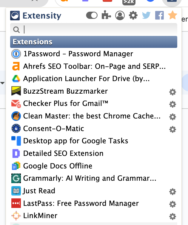 Screenshot of the Extensity Chrome extension interface.