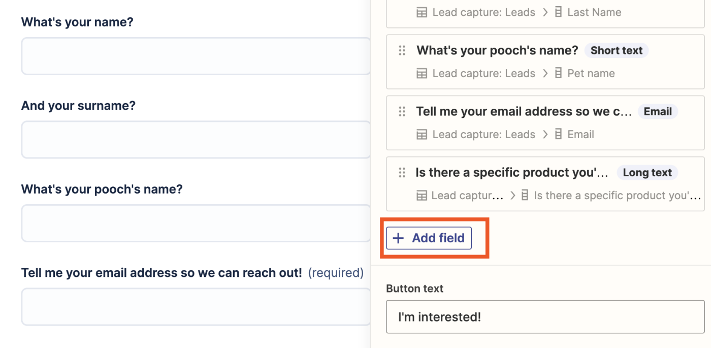 Screenshot of add fields button in lead capture form