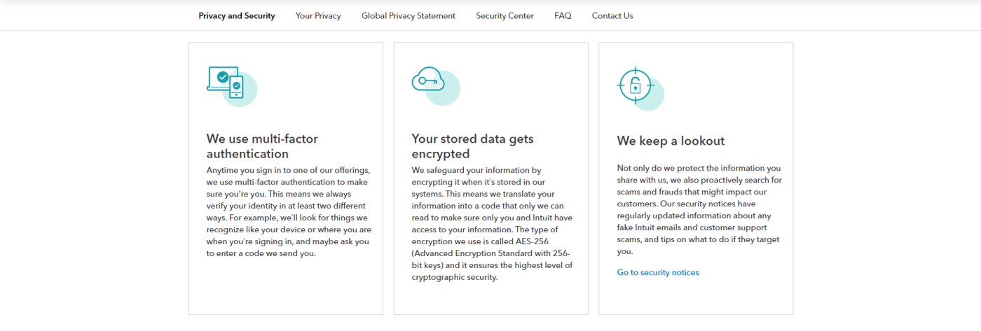 Screenshot of the writer's screen showing QuickBooks Online's privacy and security features