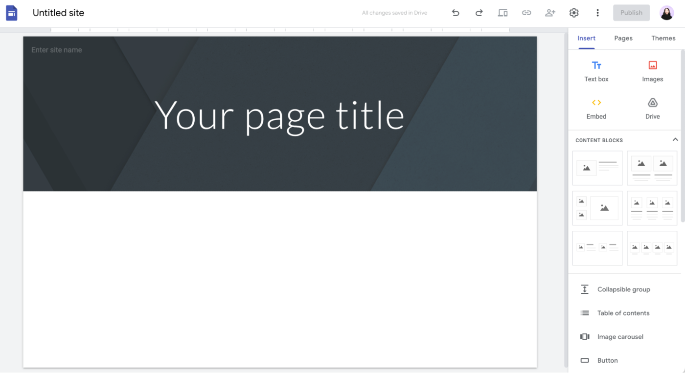 A blank page with a templated header block in the Google Sites editor.