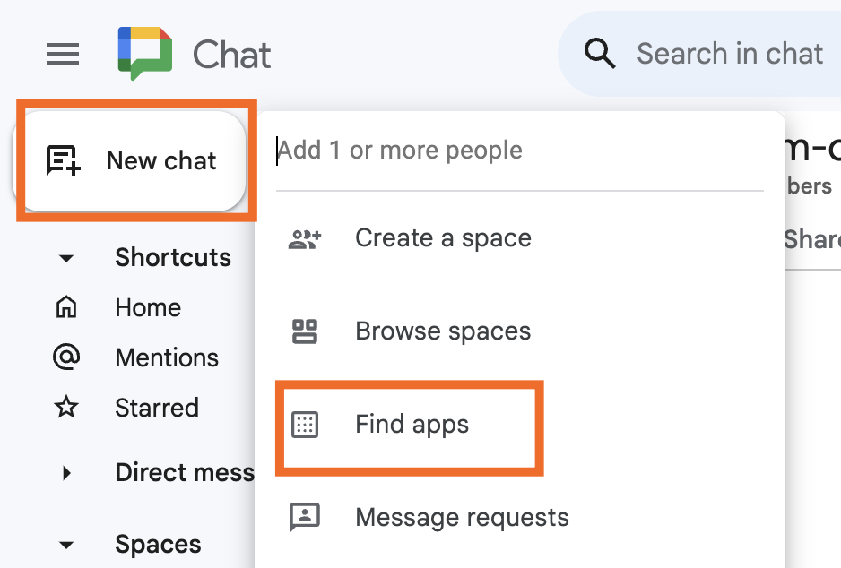 Screenshot of apps in Google Chat