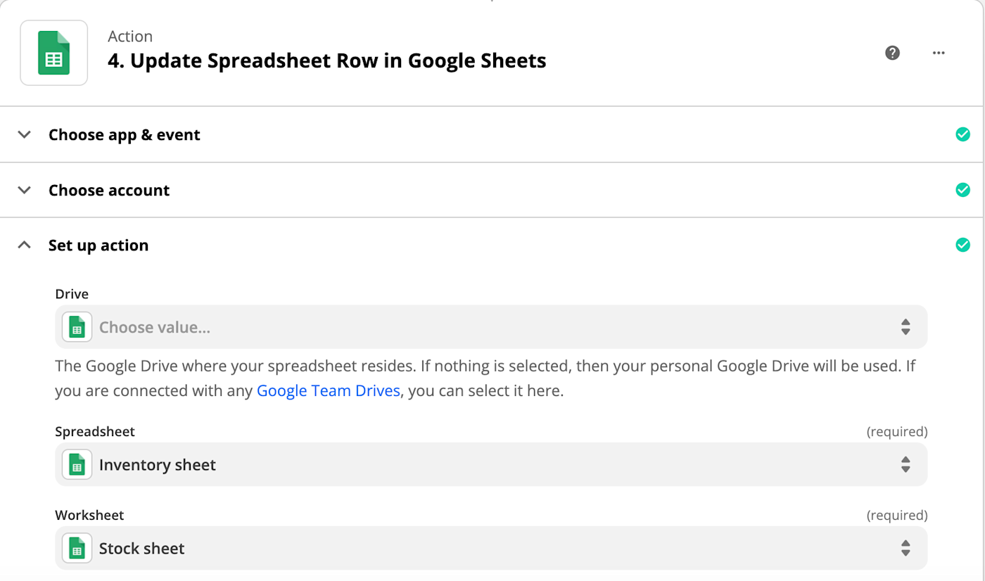 The text "Set up action" with a series of dropdown menus underneath that all include the green Google Sheets icon. 