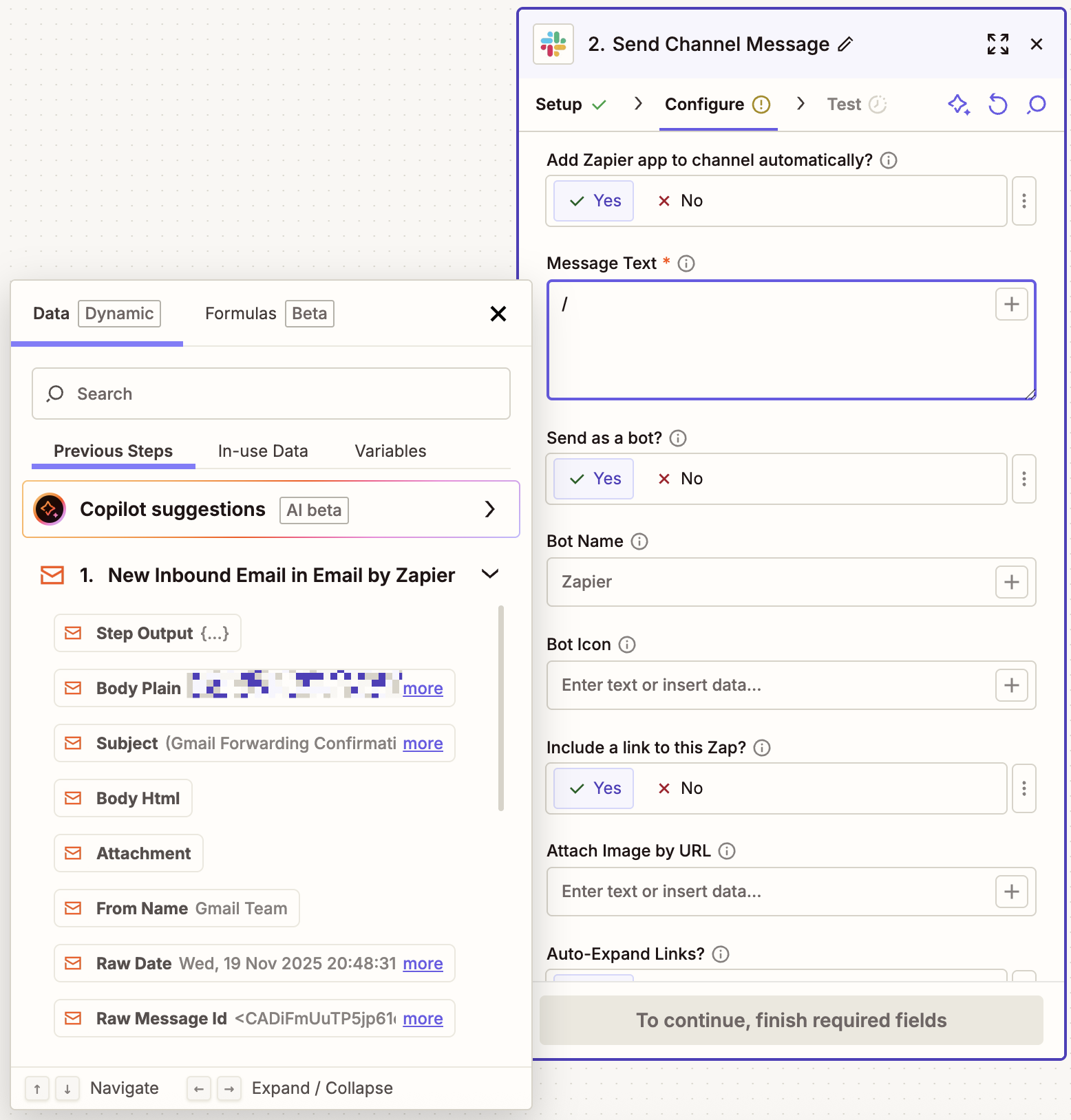 Zapier Slack action setup showing Send Channel Message configuration with data fields from inbound email