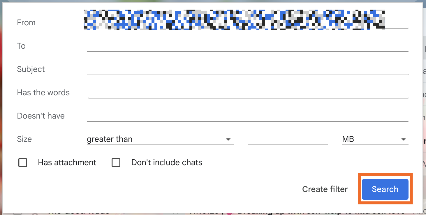 Gmail filter creation window with Search button highlighted