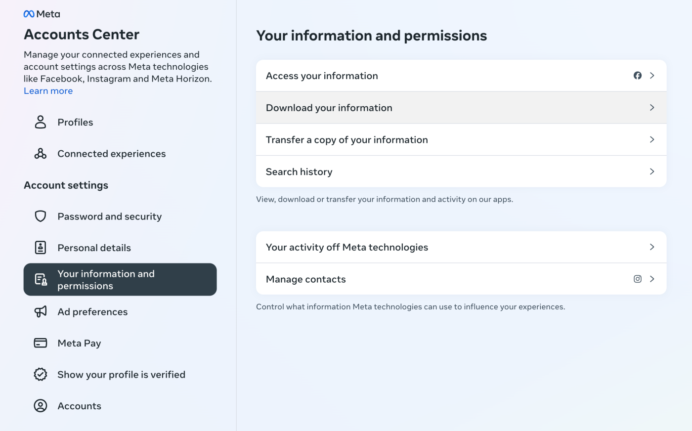 Your information and permissions page in the Meta Account Center. 