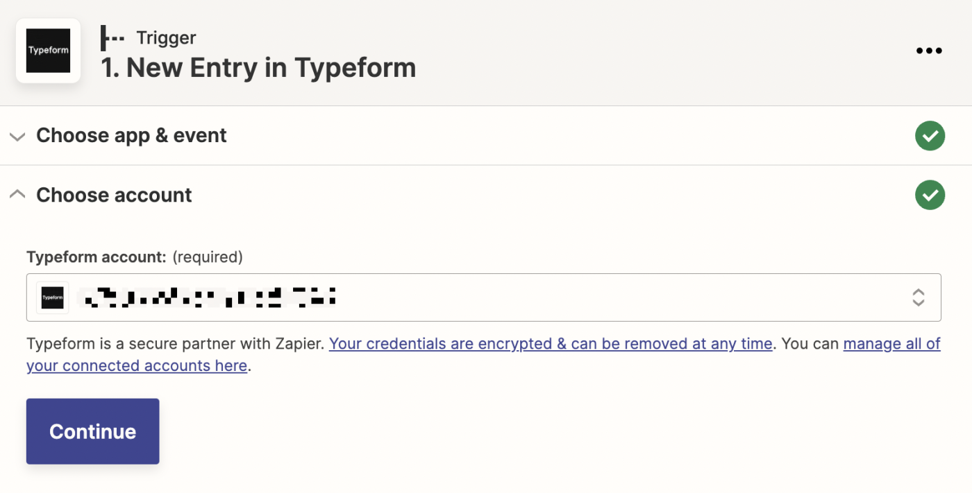 A Typeform account selected in the Typeform account field. 
