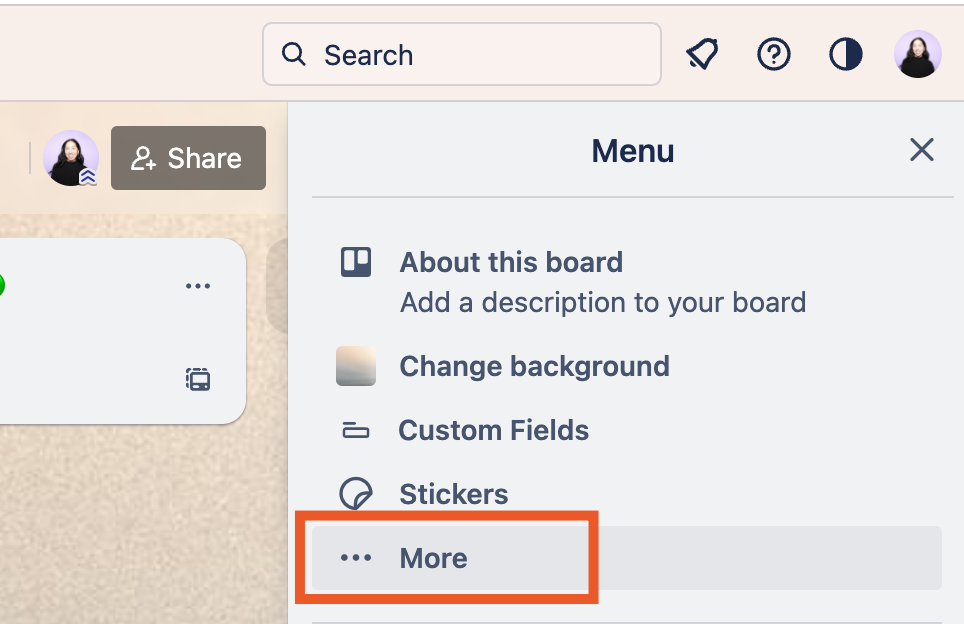 Trell menu panel with the more option highlighted. 