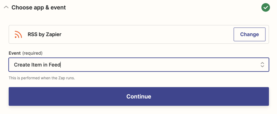 The RSS by Zapier app logo with Create Item in Feed selected in the Event field. 