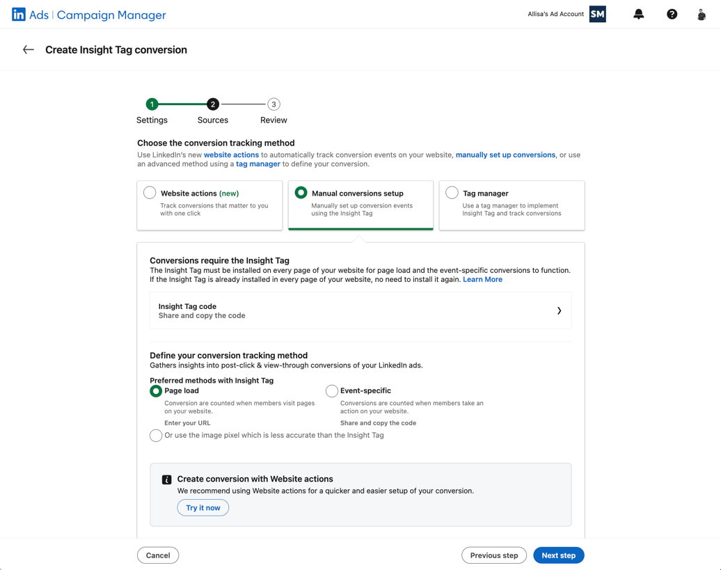 Screenshot of the "Create Insight Tag conversion" setup page in LinkedIn Ads Campaign Manager.
