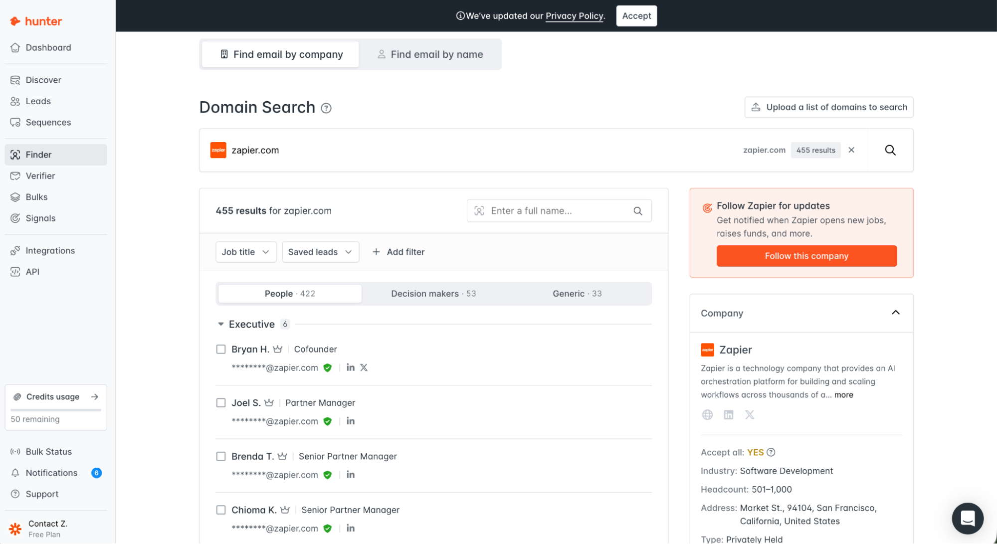 Domain search results for an email address using Hunter.
