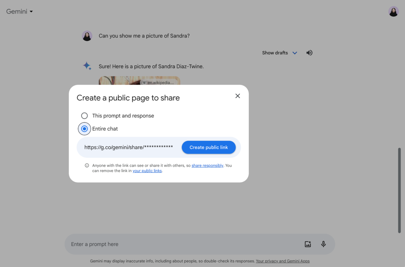Popup in Gemini with options to share a prompt and response or entire chat by creating a public link.