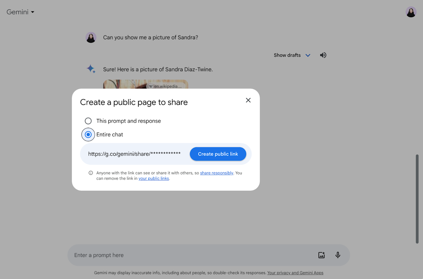 Popup in Gemini with options to share a prompt and response or entire chat by creating a public link.