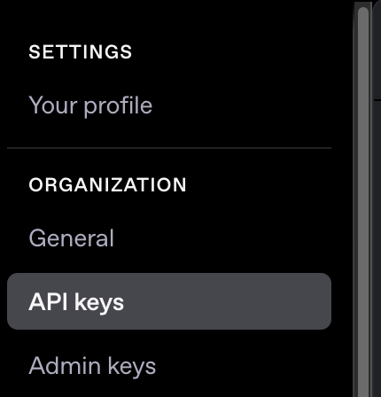An account menu in OpenAI with API keys selected.