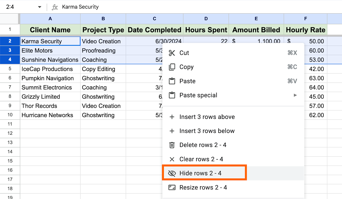 Highlighted cell range in Google Sheets with an expanded view of the right-click menu. The option to hide rows is selected.