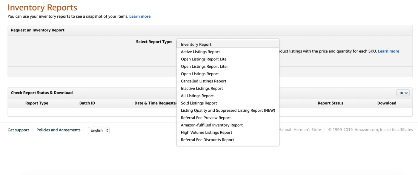 Selecting inventory reports on Amazon Seller Central