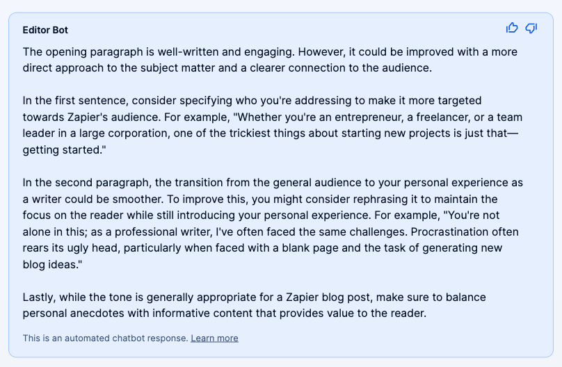 The Editor Bot's response to a paragraph with constructive feedback on how to improve the writing.