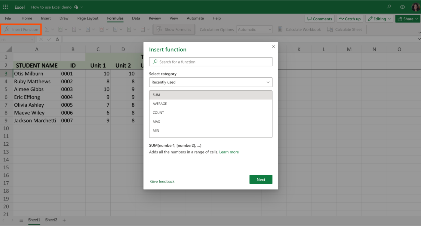 How to insert functions in Excel.