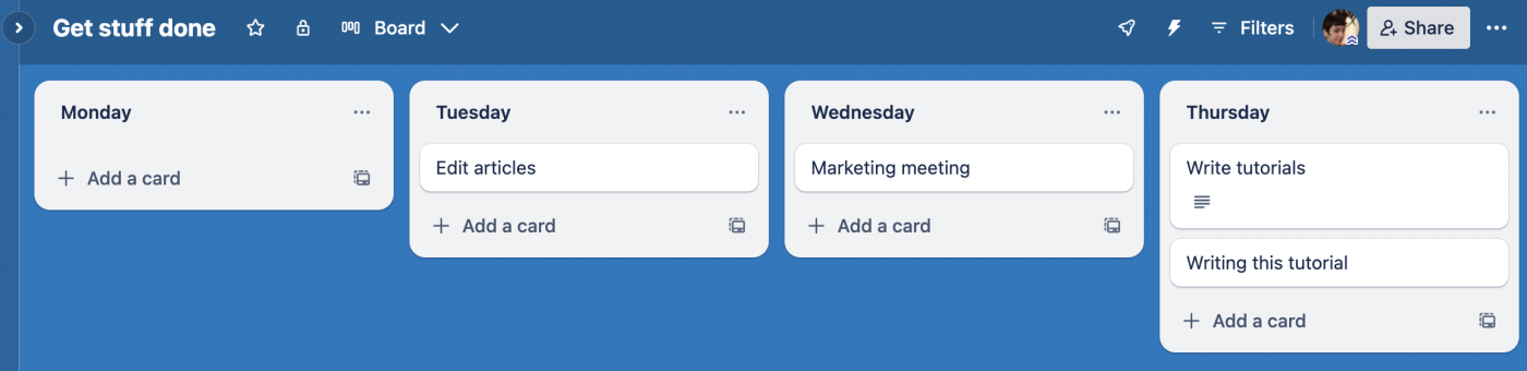 A Trello board with a card for "writing time" from Toggl.