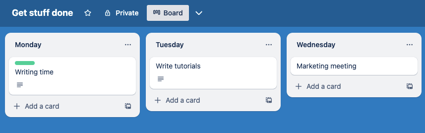 A Trello board with a card for "writing time" from Toggl.