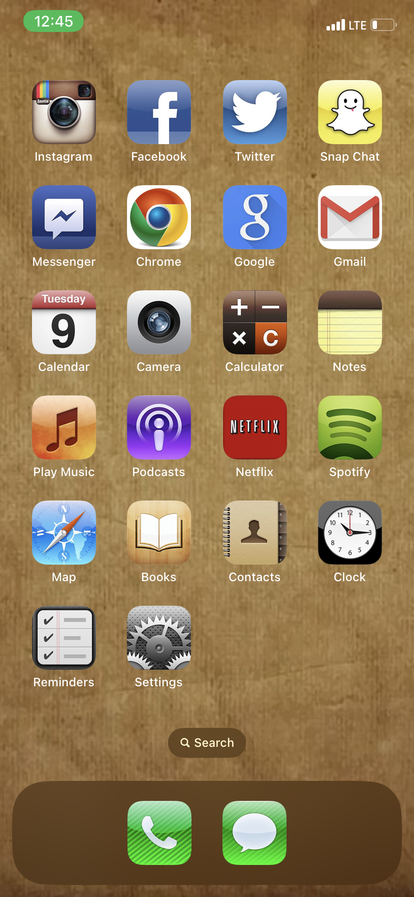 An iPhone home screen with retro icons and a brown background