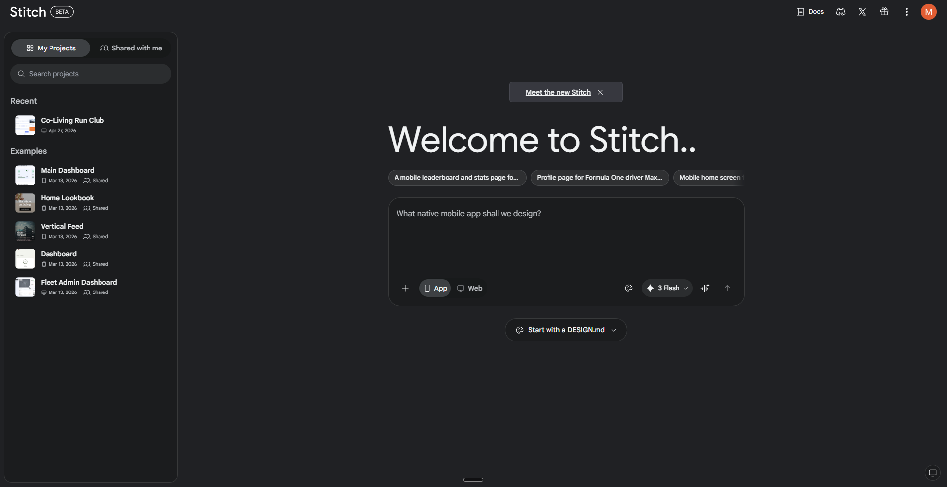 The Google Stitch landing page